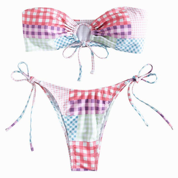 Maillot de bain bikini tube à nouer avec anneau en O et imprimé contrasté à carreaux 