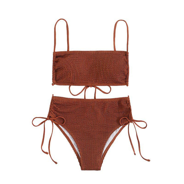 Traje de baño tipo bikini con cordón ajustable, sin espalda y con textura sólida 