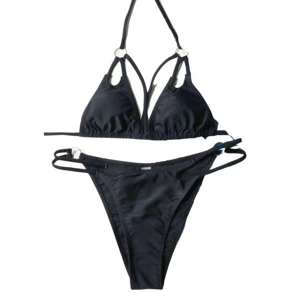 Traje de baño tipo bikini con cuello halter y anilla en forma de O con frente cruzado 