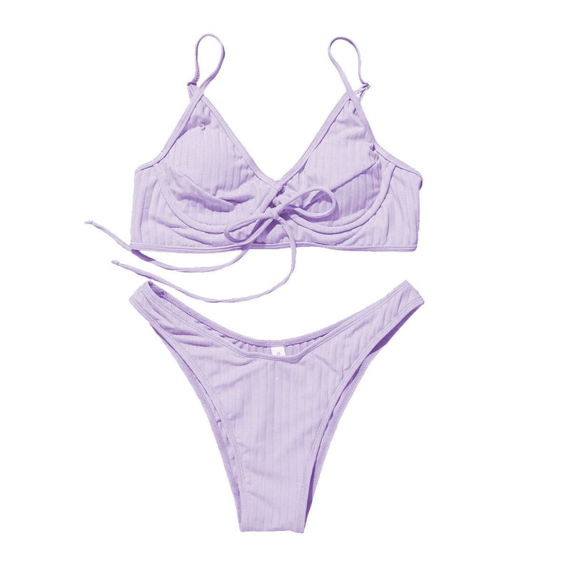 Maillot de bain bikini dos nu uni rembourré avec boucle à nouer dans le col en V 