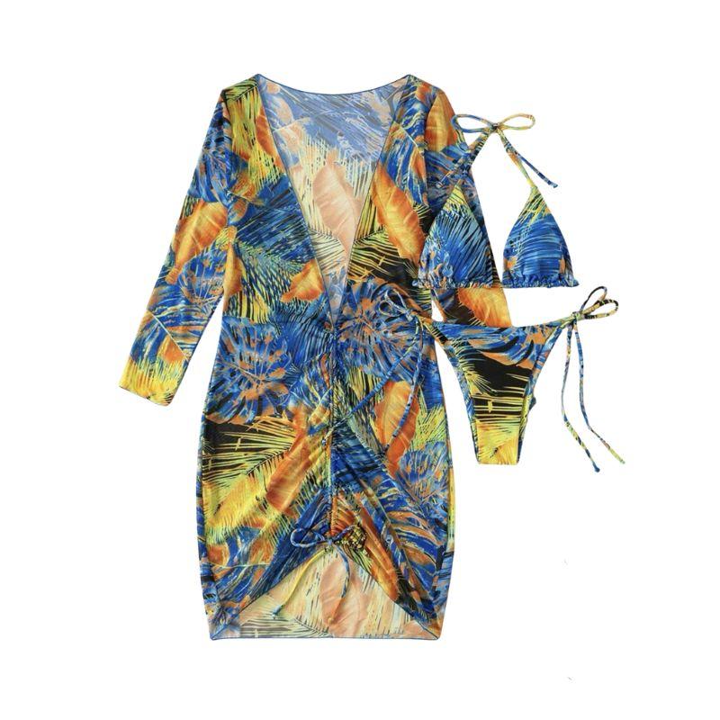 Maillot de bain 3 pièces à manches longues et col licou avec cordon de serrage en maille et imprimé contrasté 