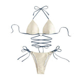 Traje de baño bikini sin espalda, con textura, cruzado en la parte delantera y halter con relleno en contraste 