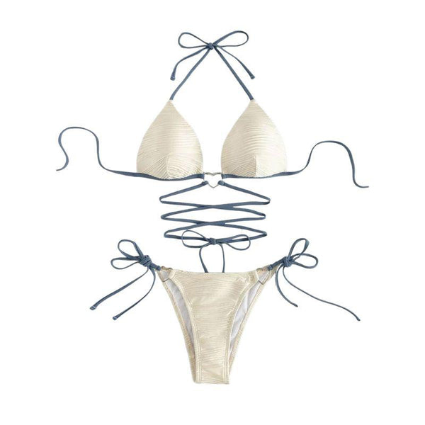 Maillot de bain bikini dos nu texturé à licou rembourré contrasté croisé sur le devant 