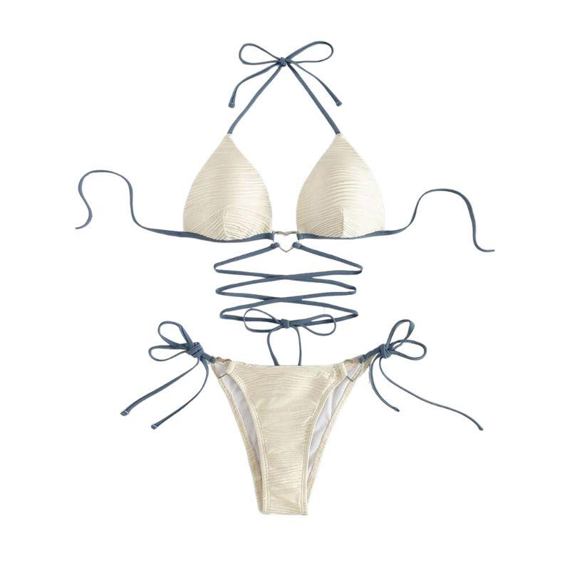 Traje de baño bikini sin espalda, con textura, cruzado en la parte delantera y halter con relleno en contraste 