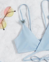 Maillot de bain 3 pièces uni à nouer soi-même et appliqué papillon irrégulier 