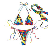 Maillot de bain 3 pièces dos nu à imprimé contrasté et à nouer soi-même 
