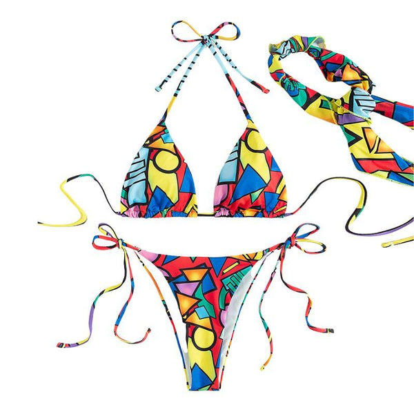 Maillot de bain 3 pièces dos nu à imprimé contrasté et à nouer soi-même 