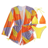 Maillot de bain 3 pièces en maille à manches longues et cordon de serrage contrasté 