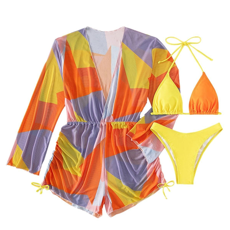 Maillot de bain 3 pièces en maille à manches longues et cordon de serrage contrasté 