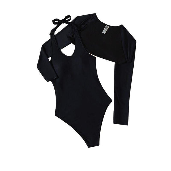 Traje de baño de una pieza con cuello en U, manga larga y cuello halter, con cubierta 
