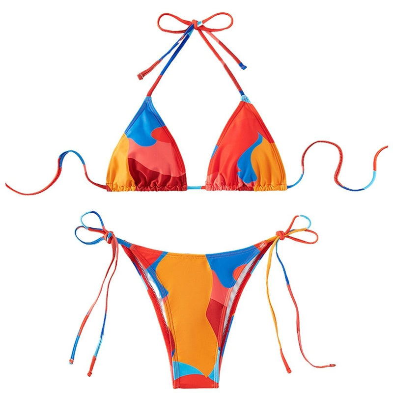 Traje de baño bikini sin espalda y con cuello halter y lazo anudado con estampado en contraste 