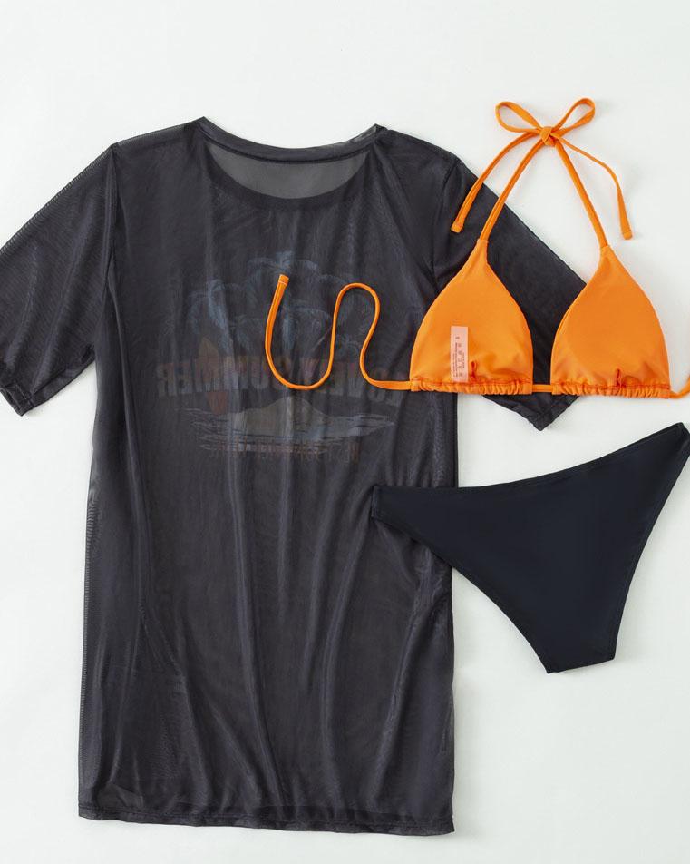 Maillot de bain 3 pièces à manches courtes, imprimé contrasté, licou et noué à la taille 