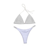 Maillot de bain bikini à col en V et dos nu avec perles contrastées et liens à nouer 
