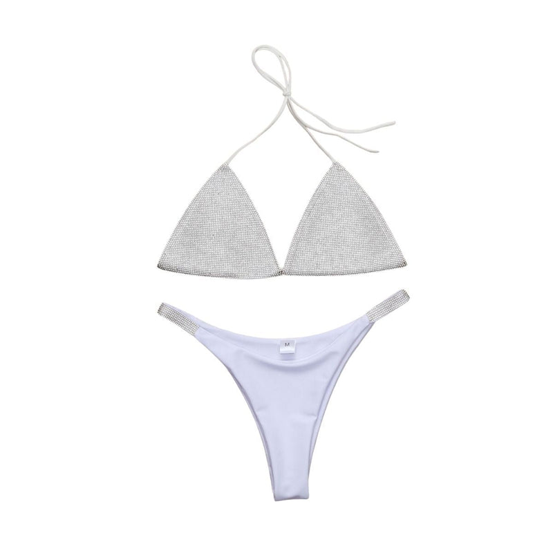 Maillot de bain bikini à col en V et dos nu avec perles contrastées et liens à nouer 