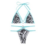 Traje de baño bikini sin espalda con contraste y anilla en O con estampado de cebra 