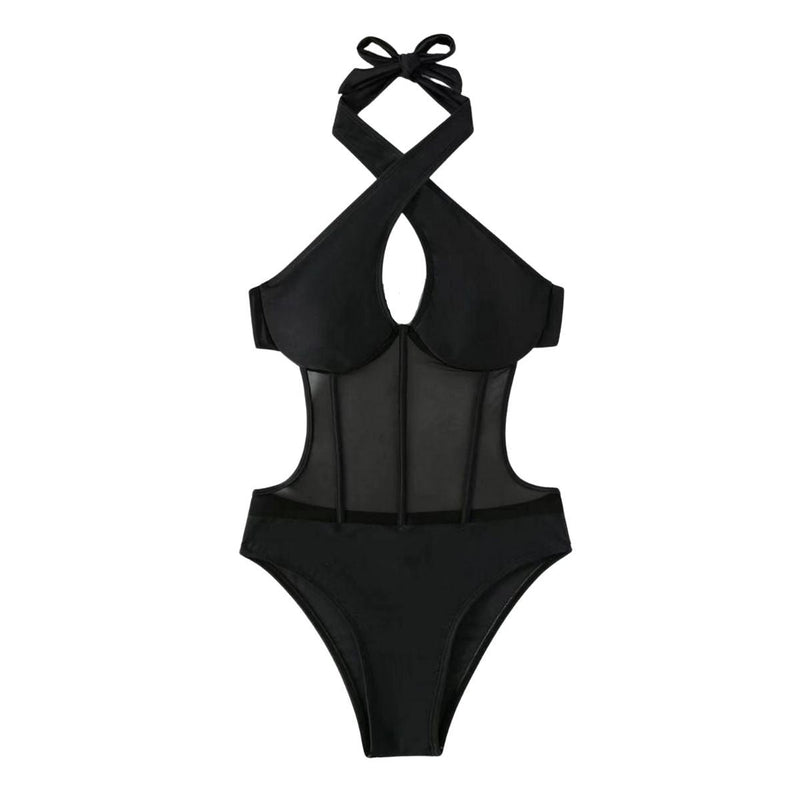 Maillot de bain une pièce dos nu en maille à nouer sur le devant et à licou croisé 