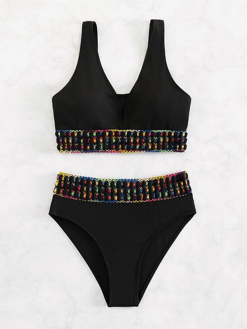 Traje de baño bikini sin mangas con escote en V en contraste 
