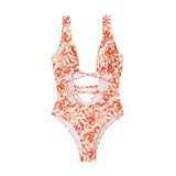 Maillot de bain une pièce à imprimé contrasté et décolleté plongeant, ajouré et à nouer soi-même 