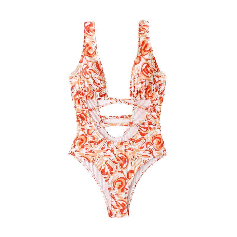Maillot de bain une pièce à imprimé contrasté et décolleté plongeant, ajouré et à nouer soi-même 