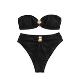 Metal applique textured backless button tube bikini swimwear