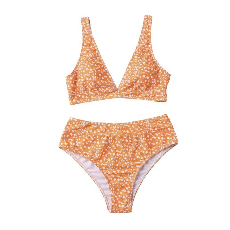 Traje de baño bikini sin mangas con cuello en V y estampado de flores 