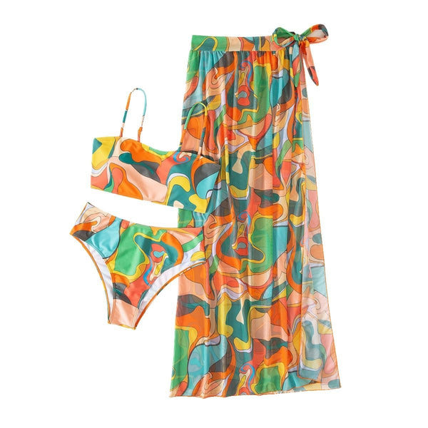 Maillot de bain 3 pièces en maille à imprimé contrasté, dos nu et noué 