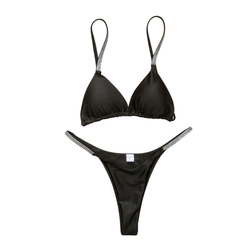 Traje de baño bikini liso sin espalda con cuentas y lazo 