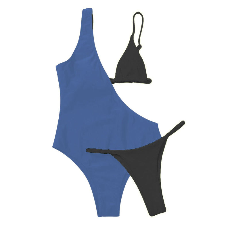 Maillot de bain 3 pièces à bretelles contrastées et irrégulières 