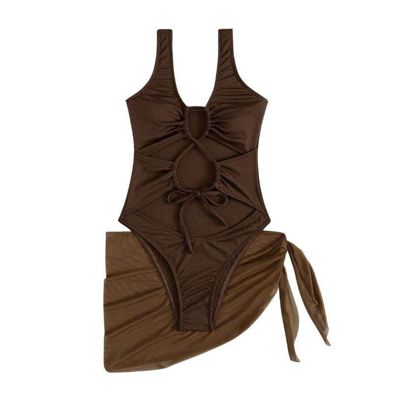Maillot de bain une pièce sans manches avec cordon de serrage en maille et jupe de plage 
