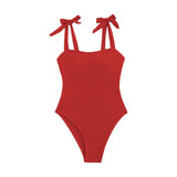 Textured self tie solid backless one piece swimwear