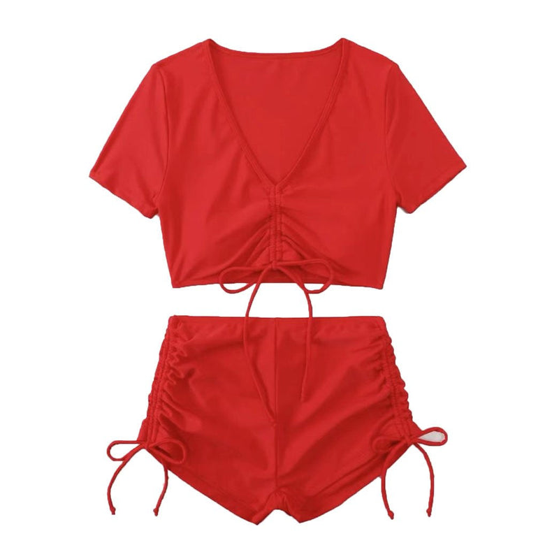 Traje de baño bikini con top corto y lazo ajustable de manga corta en color liso 