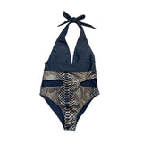 Traje de baño de una pieza con cuello en V, acolchado, estilo halter, de piel de serpiente, ahuecado 
