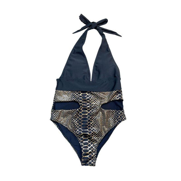 Traje de baño de una pieza con cuello en V, acolchado, estilo halter, de piel de serpiente, ahuecado 
