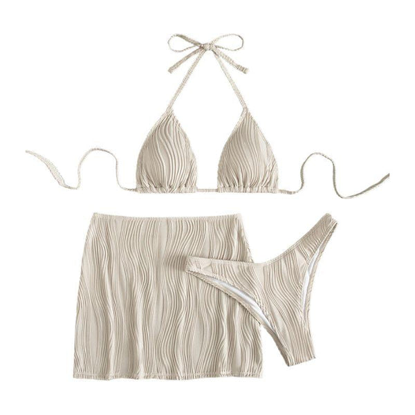 Maillot de bain 3 pièces avec mini-jupe rembourrée texturée à nouer et à licou 