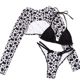 Maillot de bain 3 pièces à imprimé léopard, manches longues et dos nu contrasté 
