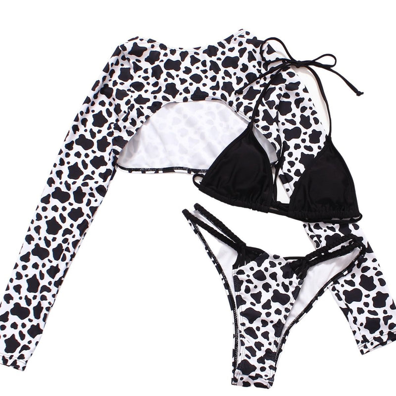 Maillot de bain 3 pièces à imprimé léopard, manches longues et dos nu contrasté 