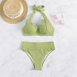 Solid textured halter self tie padded bikini swimwear