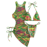 Traje de baño de 3 piezas con cuello halter, ahuecado, de malla con estampado en contraste y lazo 