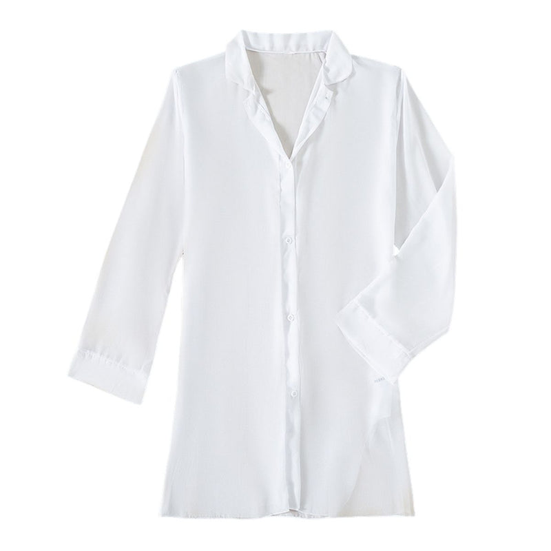 Robe de plage unie à manches longues et col retourné en mousseline 