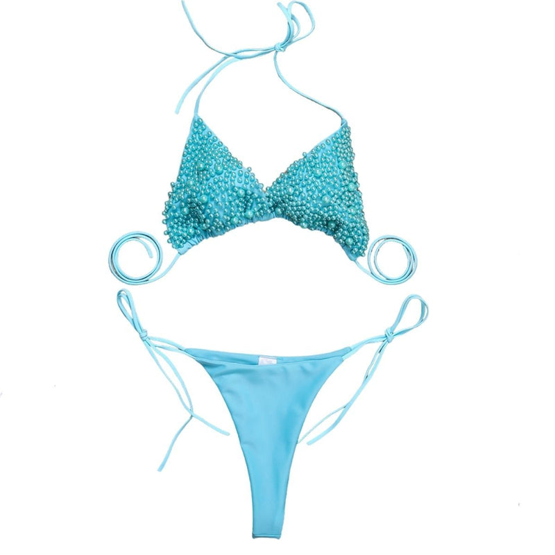 Traje de baño bikini con cuello halter de perlas, sin espalda, liso, con lazo 