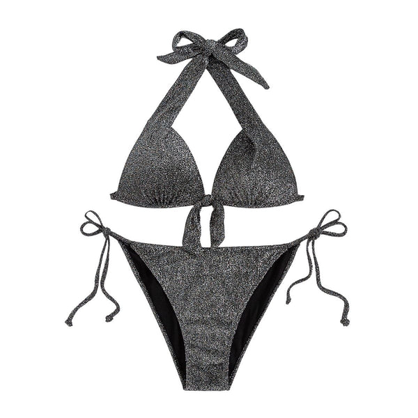Traje de baño tipo bikini con cuello halter, espalda descubierta y con lazo texturizado 