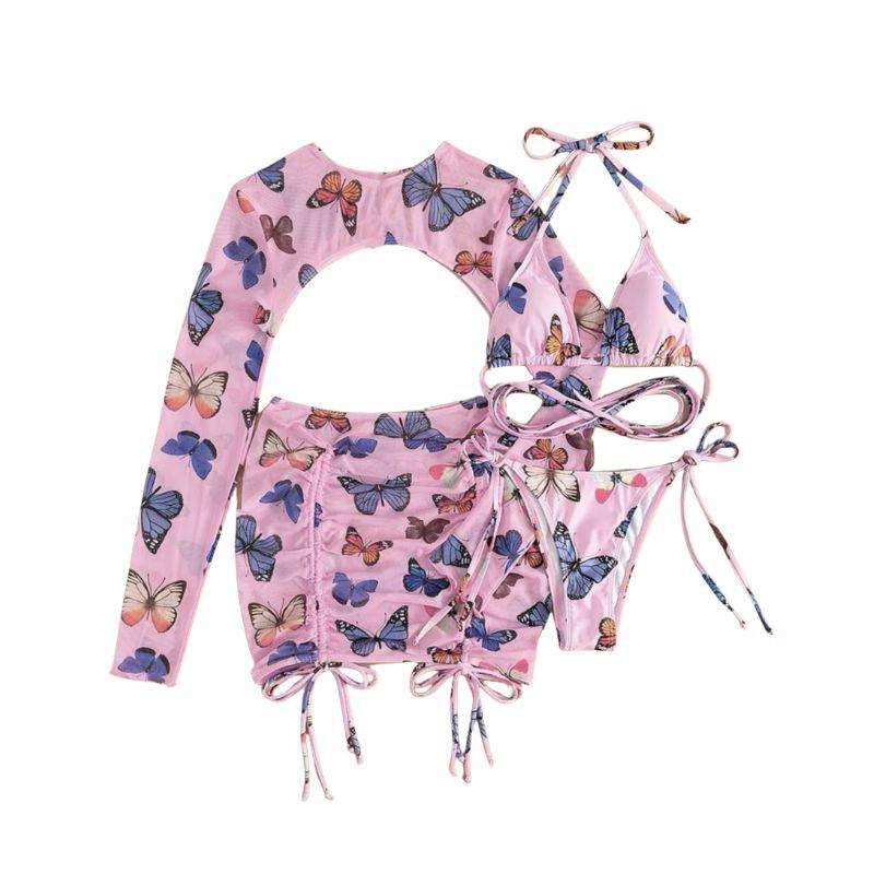 Conjunto de traje de baño de 4 piezas con falda con cordón y estampado de mariposas en contraste 