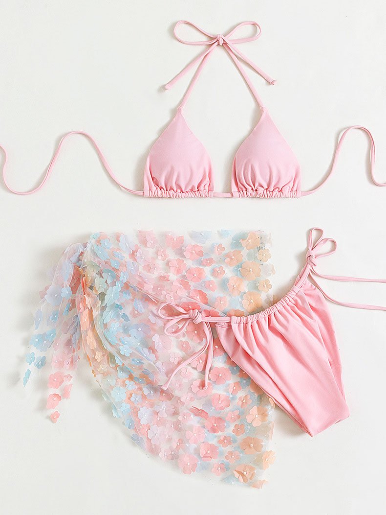 Traje de baño de 3 piezas con cuello halter, acolchado y estampado floral en contraste 
