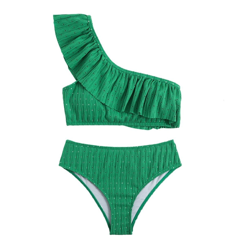 Traje de baño bikini texturizado de un solo hombro con volantes lisos 