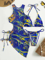 Traje de baño de 3 piezas con cuello halter, ahuecado, de malla con estampado en contraste y lazo 