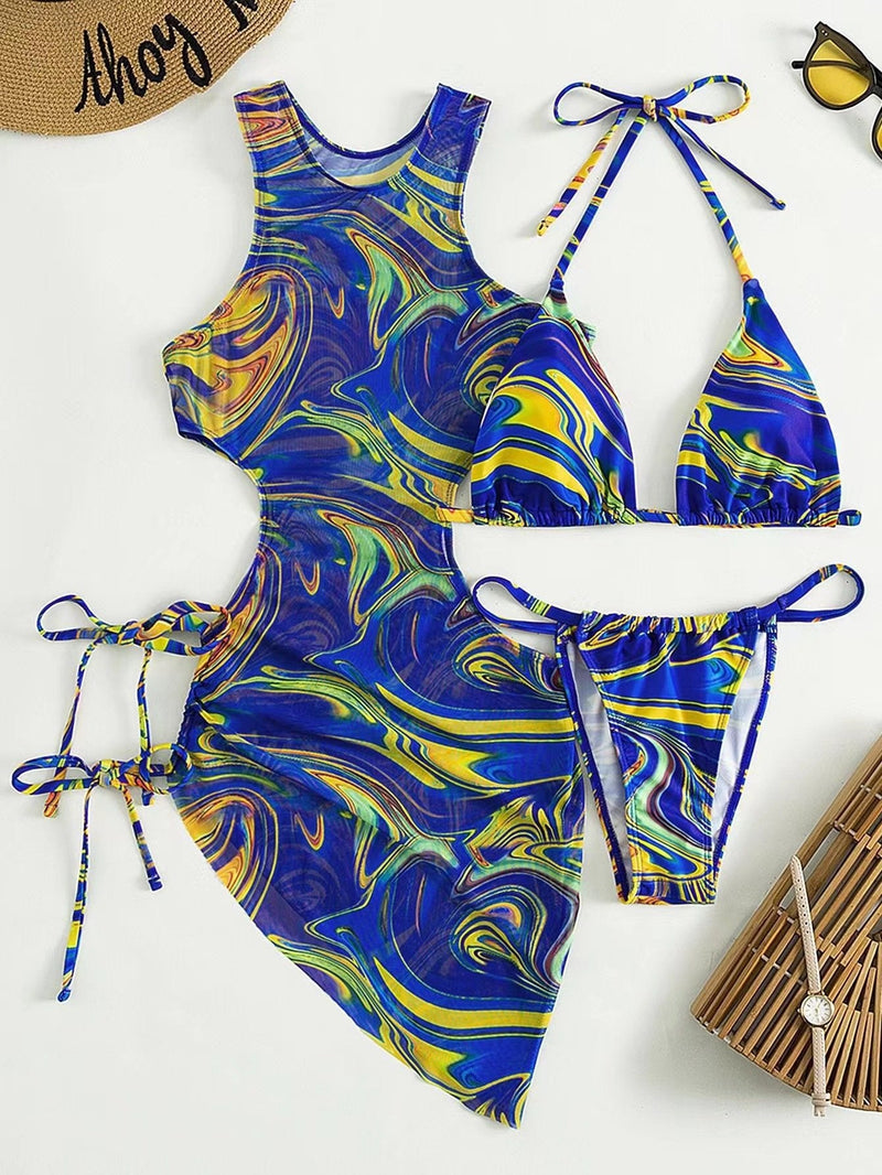 Traje de baño de 3 piezas con cuello halter, ahuecado, de malla con estampado en contraste y lazo 
