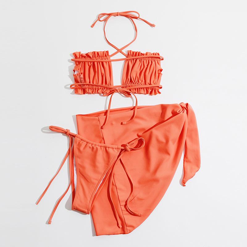 Traje de baño de tres piezas con cuello halter fruncido y lazo, liso, sin espalda 