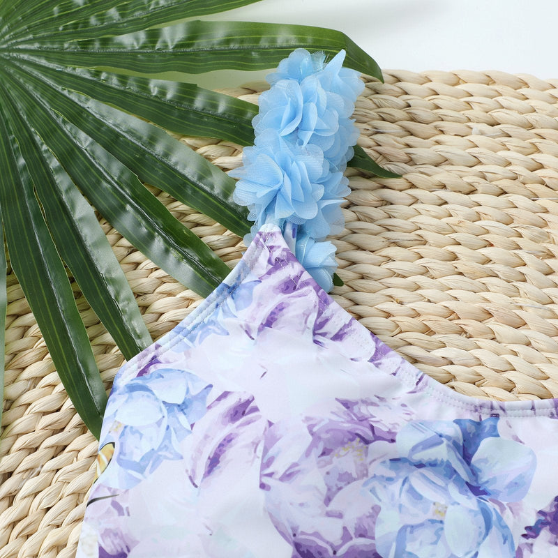 Traje de baño de una pieza sin espalda, acolchado, con cuello en U y estampado floral en contraste 