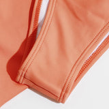 Traje de baño de tres piezas con cuello halter fruncido y lazo, liso, sin espalda 