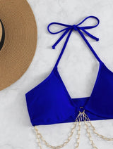 Traje de baño bikini con cuello halter, hueco, acolchado y cadena de metal, con lazo automático 